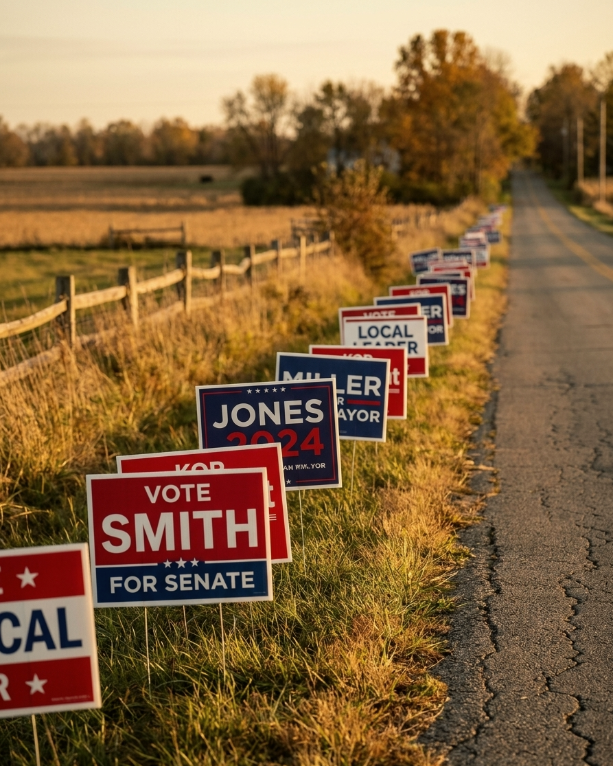 Row of campaign yard signs along a rural road at golden hour